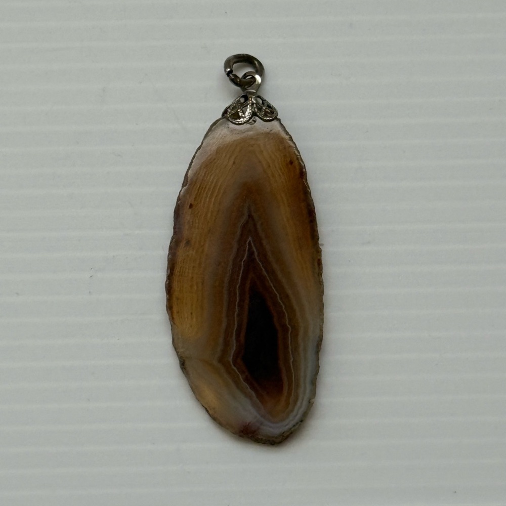 Vintage Silver Metal Polished Agate Slice Pendant, 2.25” Long